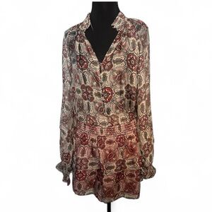 Ramy Brook Silk smocked long sleeve paisley mini dress ruffle skirt | S/P